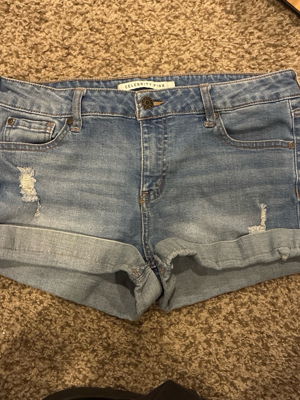 Celebrity Pink Washed Blue Distressed Denim Roll-Cuff Shorts